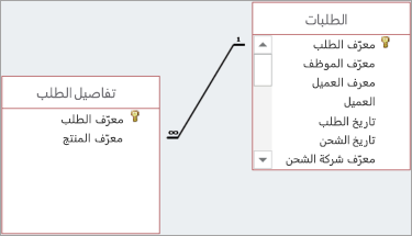 يتم عرض العلاقات بواسطة خطوط مرسومة بين الحقول الأصل والتابعة.