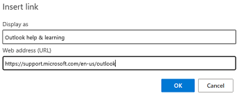 مربع الحوار إدراج ارتباط في Outlook على الويب.