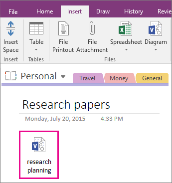 لقطة شاشة لكيفية إرفاق ملف Visio بصفحة في  OneNote 2016.