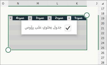 جدول، مع تحديد خانة الاختيار جدول يحتوي على رؤوس.
