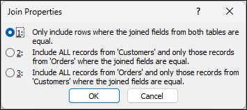 يظهر مربع الحوار خصائص الصلة في Access مع ثلاثة خيارات من الصلات. يتم تحديد الخيار الأول الذي ينص على تضمين صفوف فقط حيث تكون الحقول المنضمة من كلا الجدولين متساوية.