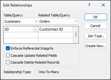 مربع الحوار "تحرير العلاقات" في حقول الانضمام إلى Access مع العملاء والطلبات