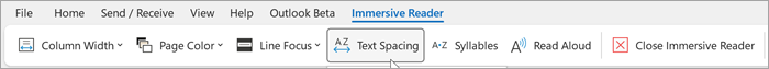 لقطة شاشة لشريط القارئ الشامل في Outlook لسطح المكتب. الخيارات من اليسار إلى اليمين هي عرض العمود ولون الصفحة والتركيز على الخط وتباعد النص والمقاطع والقراءة بصوت عال وإغلاق القارئ الشامل