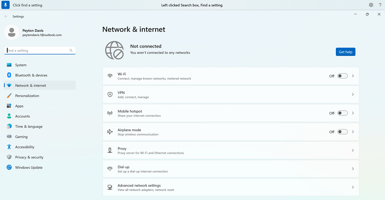 أمر الوصول الصوتي "انقر فوق البحث عن إعداد" المستخدم في Windows Network & إعدادات الإنترنت.