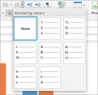 خيارات نمط الترقيم المتوفرة في مكتبة الترقيم في Outlook for Mac.