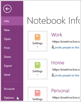 خيارات OneNote