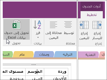 لقطة شاشة للزر "تحويل إلى جدول بيانات Excel" في OneNote 2016.