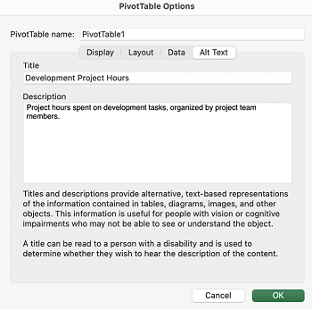 علامة التبويب نص بديل في Excel for Mac.