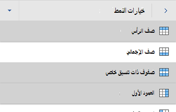 قائمة خيارات نمط جدول Word for Android، مع تحديد صف الرأس.