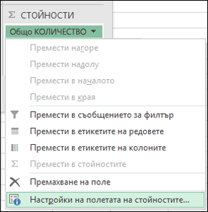 Диалогов прозорец "Настройки на поле за стойност" на Excel