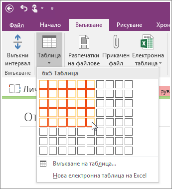 Screenshot of how to add a table in OneNote 2016.