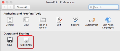 В диалоговия прозорец Предпочитания за PowerPoint, под Изход и споделяне щракнете върху Слайдшоу.