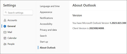 Изображение на новата информация за версията на Outlook за Windows с осветени "Общи" и "За Outlook".