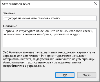 Екранна снимка на диалоговия прозорец "Алтернативен текст" в OneNote с примерни текстове в полетата "Заглавие" и "Описание".