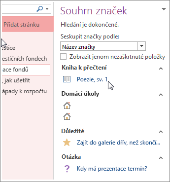 Hledání poznámek se značkou v podokně Souhrn značek