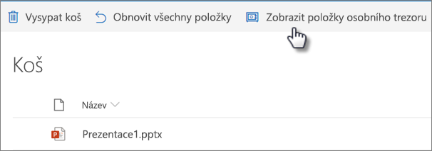 Zobrazení Koše s vybranou možností „Zobrazit položky osobního trezoru“ na OneDrivu