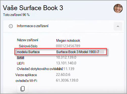 Vyhledání názvu modelu zařízení Surface v aplikaci Surface