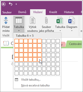 Screenshot of how to add a table in OneNote 2016.