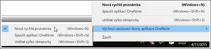 Snímek obrazovky s oznamovací oblastí hlavního panelu s možnostmi OneNotu