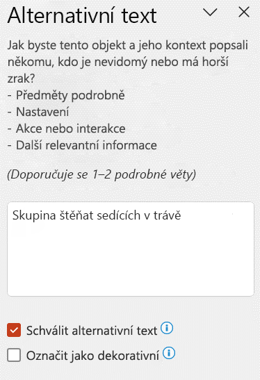 Automatický alternativní text zobrazený v podokně Alternativní text se zaškrtnutým políčkem Schválit alternativní text.