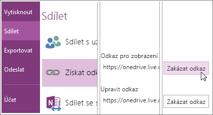 Snímek obrazovky s postupem zakázání odkazu v OneNotu 2016