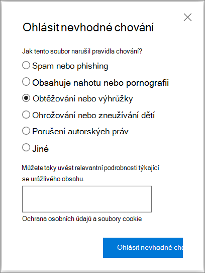 Snímek obrazovky s dialogovým oknem Nahlásit nevhodné chování na OneDrivu