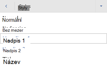 Nabídka stylů nadpisů ve Wordu pro Android