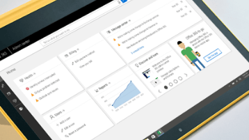 Obrazovka tabletu zobrazující rozhraní Centra pro správu Microsoftu 365