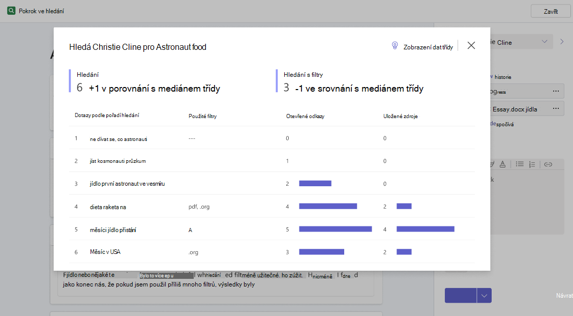 Automaticky otevírané okno s podrobnějším přehledem hledání provedených studentem a toho, jak se počty těchto hledání a hledání provedených pomocí filtrů porovnávají s mediánem třídy.