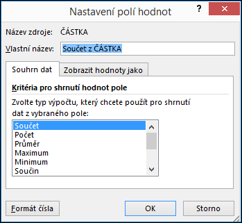 Dialogové okno Nastavení polí hodnot v Excelu pro možnosti Souhrn dat (podle)