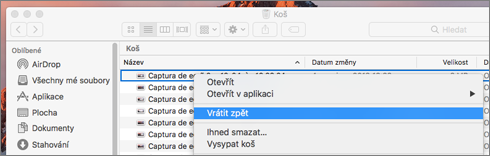 Nabídka po kliknutí pravým tlačítkem myši pro přecházení souboru z koše na Macu