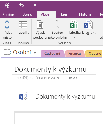 Snímek obrazovky s postupem vložení nového diagramu Visia do OneNotu 2016