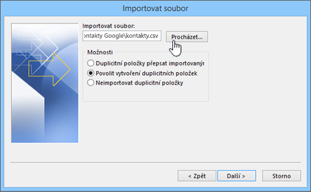 Vyhledejte soubor kontaktů CSV a vyberte, jak chcete řešit duplicitní kontakty.