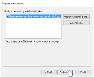 Při importu kontaktů Gmailu do poštovní schránky Office 365 spustíte migraci kliknutím na tlačítko Dokončit.