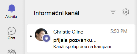 Teams – kanál o přijatých aktivitách s pozvánkou týmu sdíleného kanálu