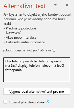 Podokno alternativního textu znázorňující příklad správného alternativního textu.