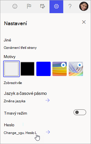 Snímek obrazovky s nastavením a změnou hesla v Microsoftu 365