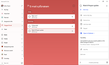 Seznam e-mailů s příznakem s vybranou aktualizací Mark 8 Project a otevřeným podrobným zobrazením s náhledem e-mailu.