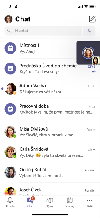 Chat ve skupinové místnosti na mobilním zařízení