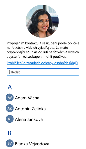 Snímek seznamu, který můžete využít k propojení kontaktů se seskupeními podle obličeje.