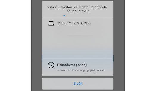 Snímek obrazovky znázorňující možnost Zvolit počítač v Microsoft Edgi na iOS, aby uživatel mohl otevřít webovou stránku na svém počítači.