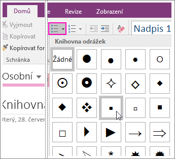 Snímek obrazovky s přidáním odrážky na stránku ve OneNotu 2016