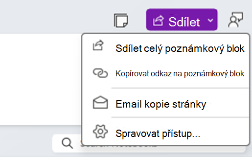 Nabídka Sdílení OneNotu se čtyřmi možnostmi, ze které si uživatel může vybrat:
1. Sdílení celého poznámkového bloku
2. Kopírování odkazu na poznámkový blok
3. Email kopie stránky
4. Spravovat přístup...