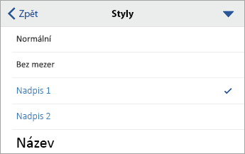 Dialogové okno Styly s vybranou možností Nadpis 1