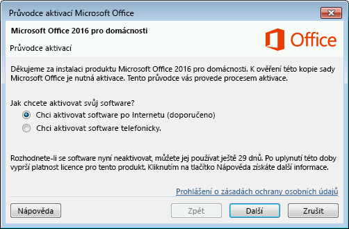 Zobrazí Průvodce aktivací Microsoft Office.