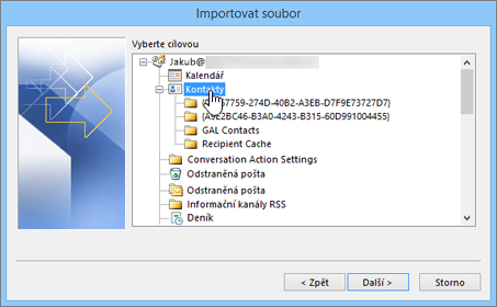 Při importu kontaktů Google Gmailu do poštovní schránky Office 365 vyberte jako cílové umístění Kontakty.