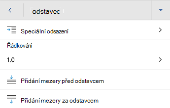 Nabídka formátování odstavců ve Wordu pro Android