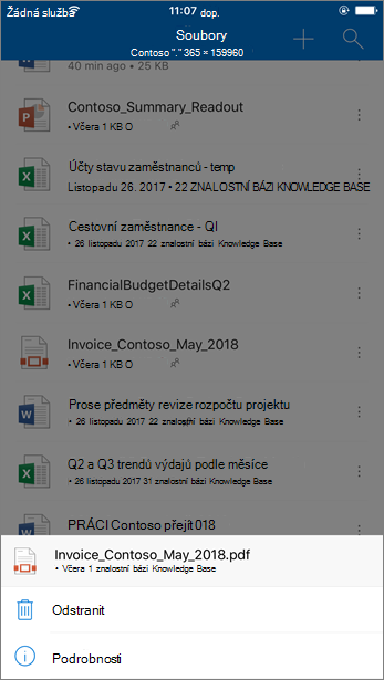 Snímek obrazovky s odstraněním blokovaného souboru z OneDrive pro firmy z mobilní aplikace OneDrive