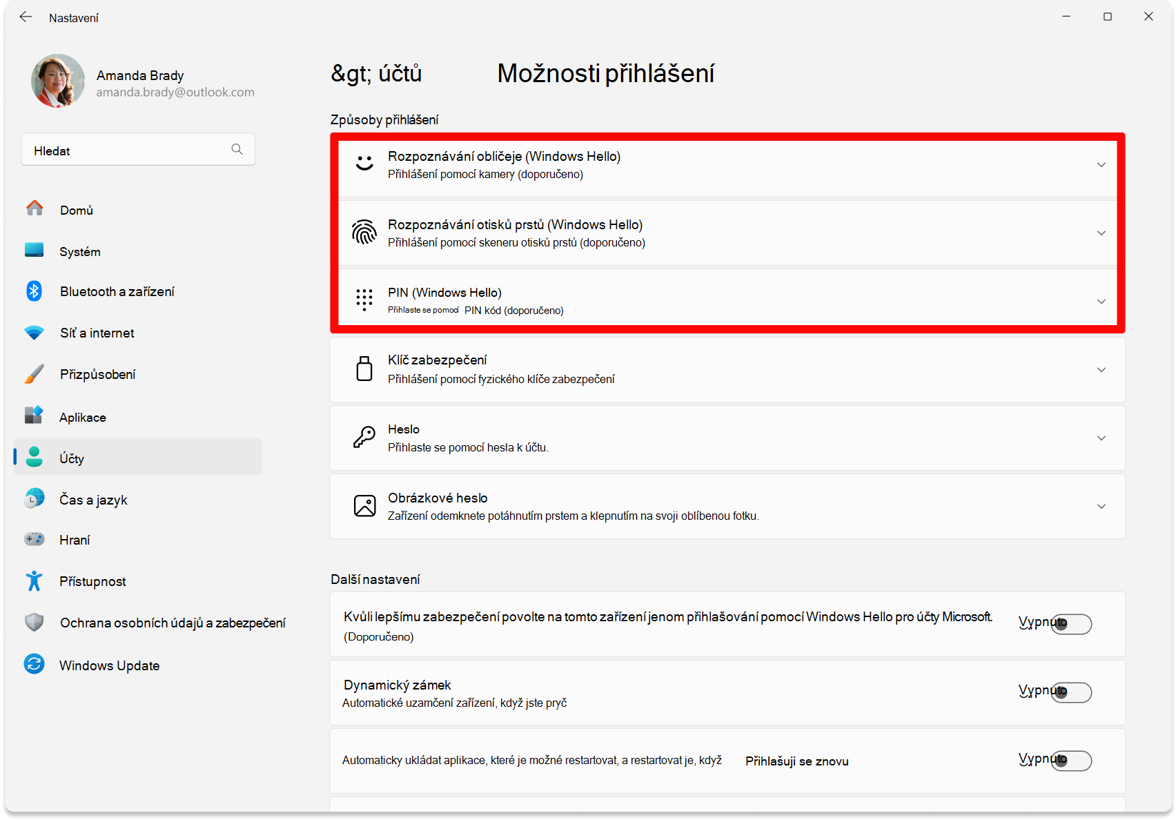 Snímek obrazovky s Nastavením – Možnosti konfigurace Windows Hello