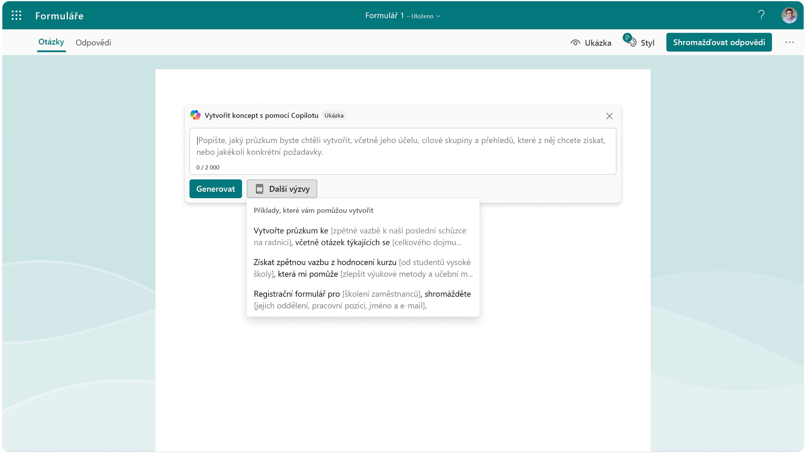 Snímek obrazovky znázorňující možnosti výzvy pro Copilot ve Forms